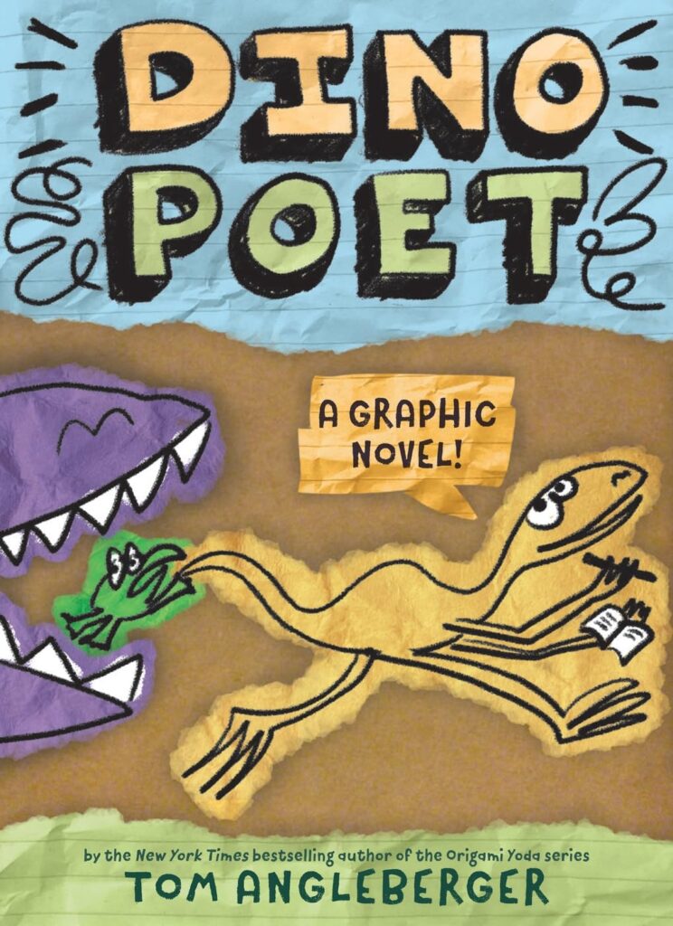 Cover of "Dino Poet: A Graphic Novel" by Tom Angleberger. A yellow dinosaur with a book is chased by a purple dinosaur.