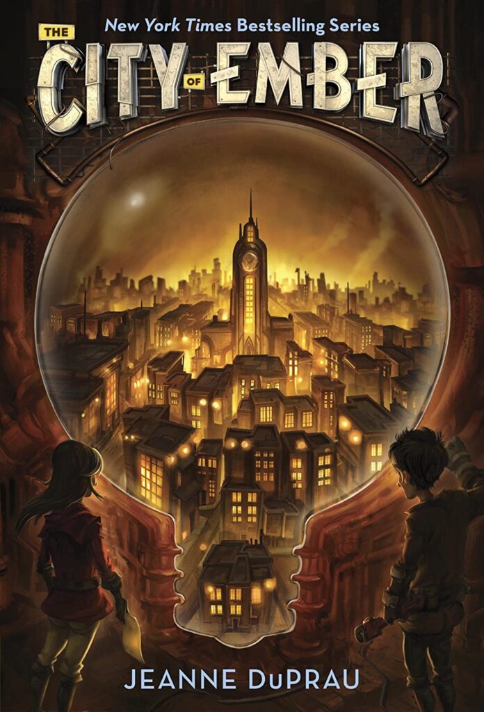 Cover of "The City of Ember" by Jeanne DuPrau. Two figures overlook a glowing cityscape inside a giant lightbulb, hinting at mystery and adventure.