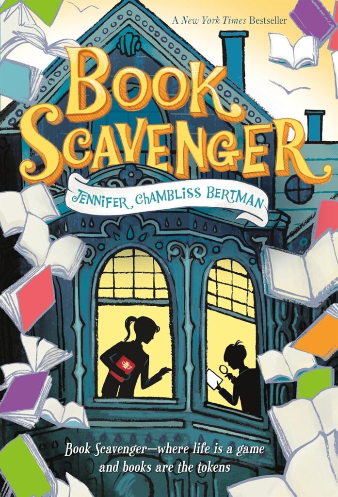 Book cover of "Book Scavenger" by Jennifer Chambliss Bertman. Silhouettes of two children, one holding a book, are seen through glowing windows of a teal building surrounded by flying book.