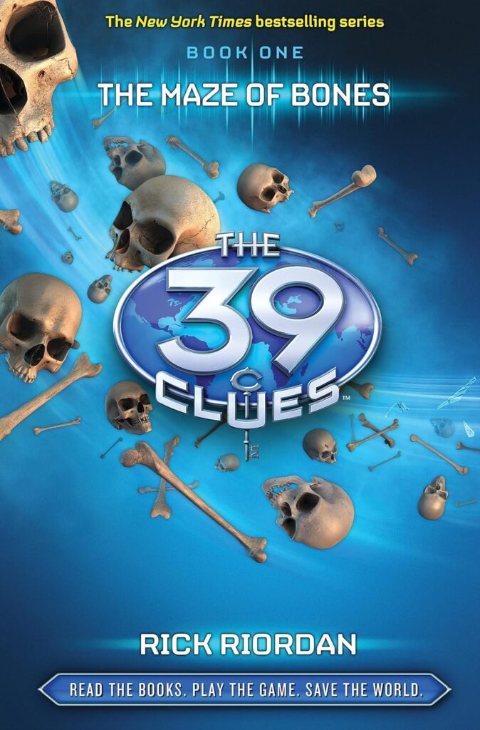 Blue book cover for "The 39 Clues: The Maze of Bones" by Rick Riordan. Features floating skulls and bones.
