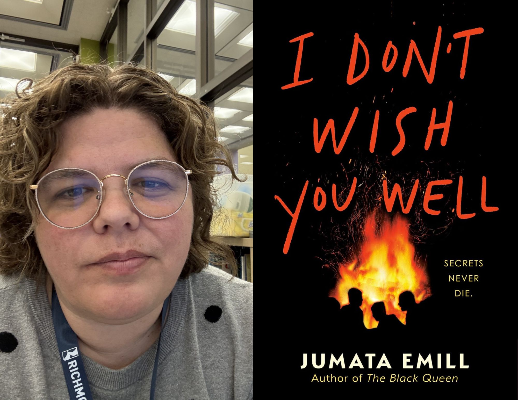 Photo of Adriane Marshall, a youth services librarian at the Hull Street Branch, beside the cover of I Don't Wish You Well by Jumata Emill.