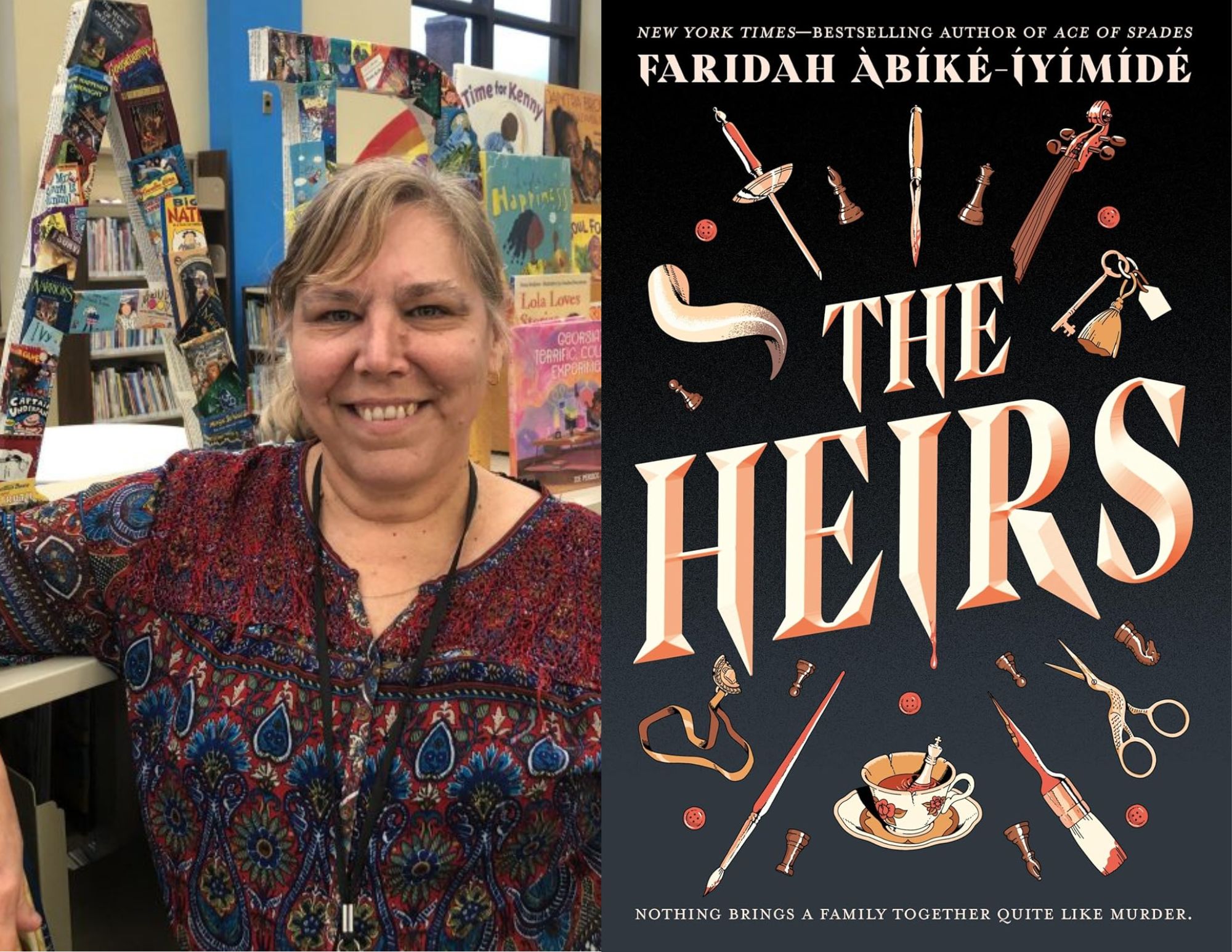 Photo of Beth Morris, the Library/Community Services Manager at the Main Library, beside the cover of The Heirs by Faridah Abike-Iyimide.