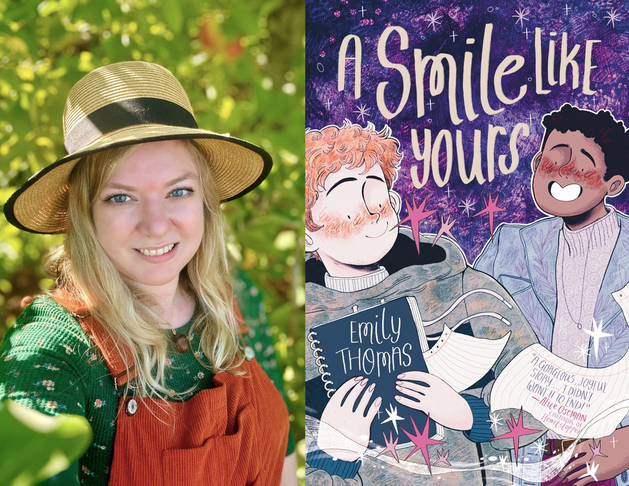 Photo of Genevievre Wood, the Young Adult Coordinator at Richmond Public Library, beside the cover of A Smile Like Yours by Emily Thomas.