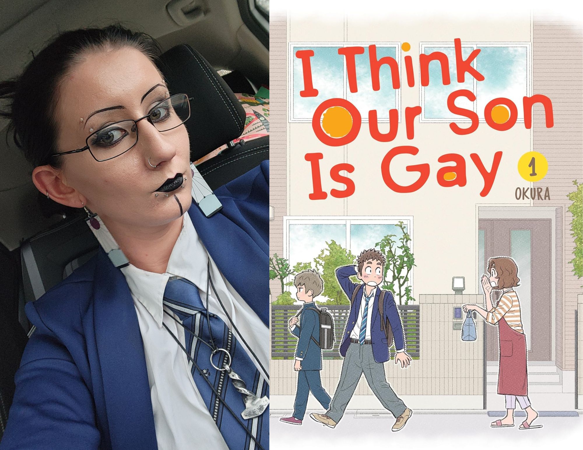 Photo of Kelli Young-Kravitz, a young adult associate at the North Avenue branch, beside the cover of I Think Our Son Is Gay by Okura.