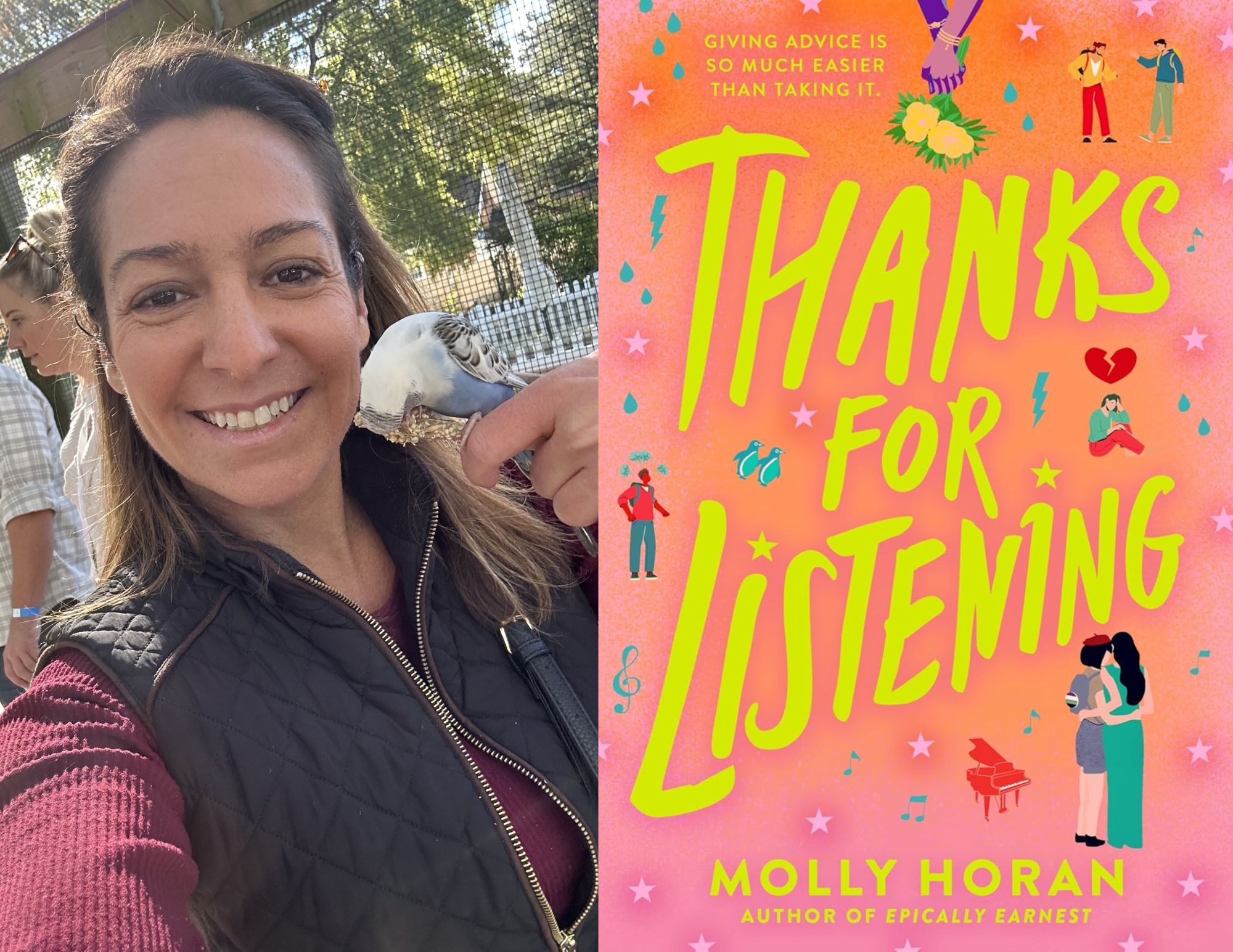 Photo of Lauren Clementi, a youth services associate at the Main branch, beside the cover of Thanks for Listening by Molly Horan.