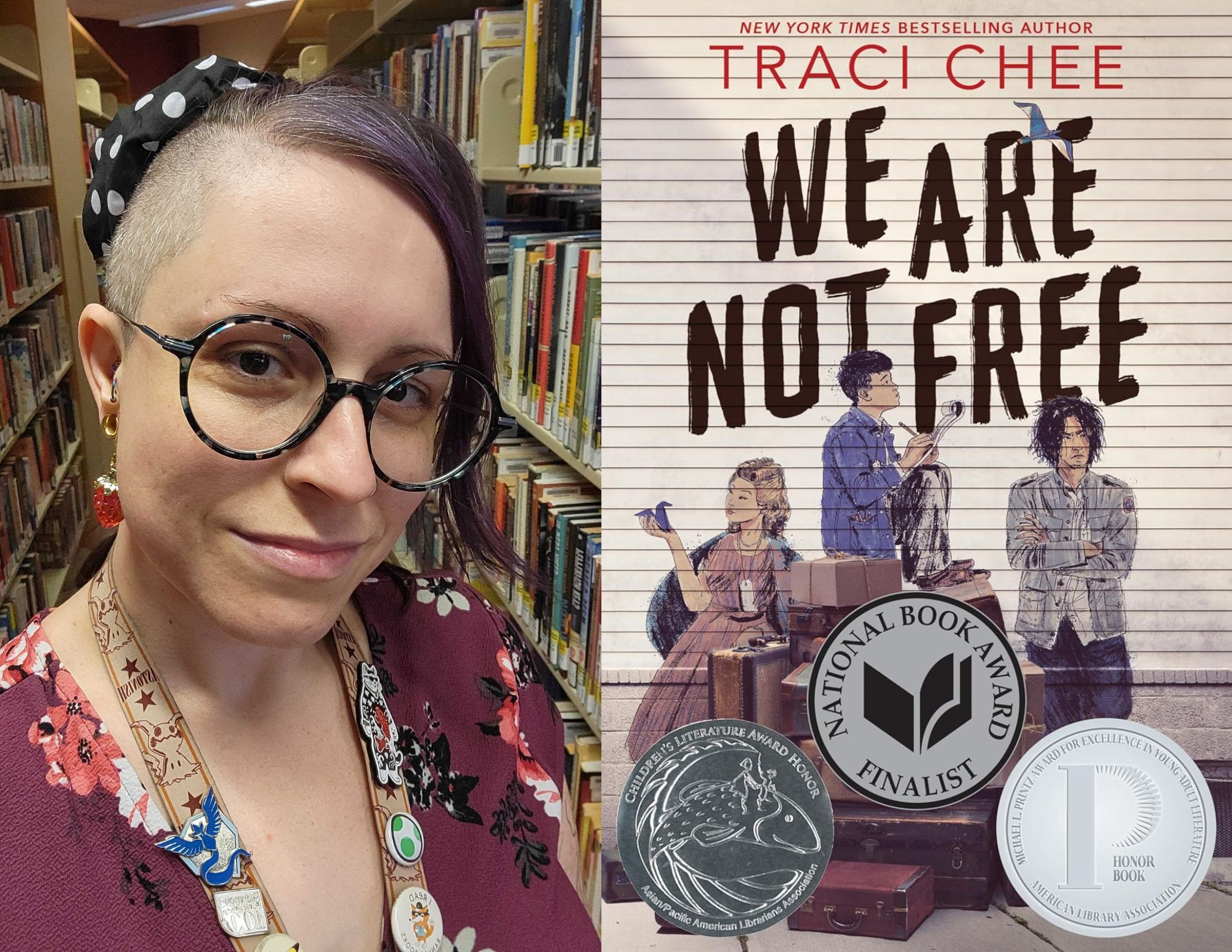 Photo of Nicole Byers, a young adult associate at the East End branch, beside the cover of We Are Not Free by Traci Chee.