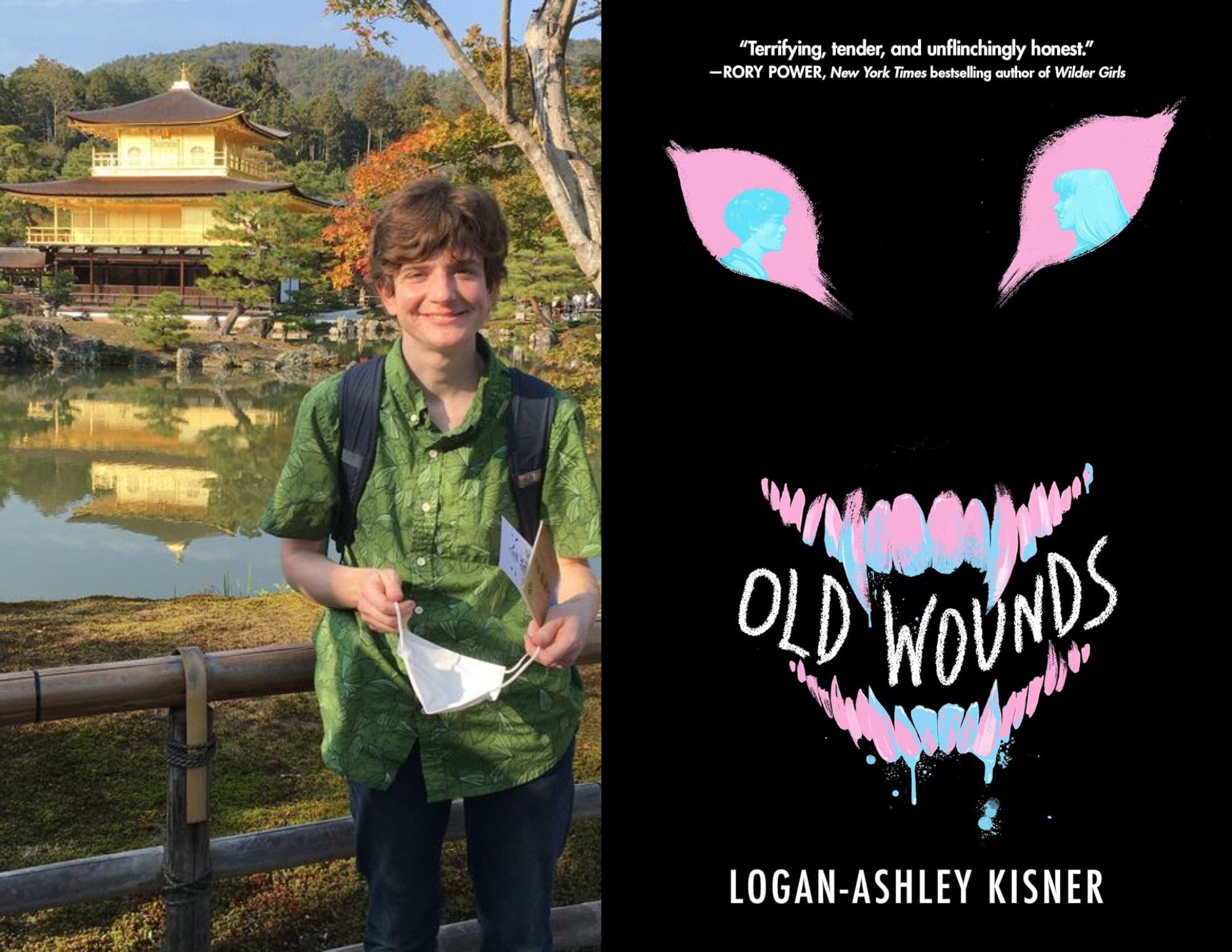 Photo of Rachel Condon, a youth services librarian at the Ginter Park branch, beside the cover of Old Wounds by Logan-Ashley Kisner.