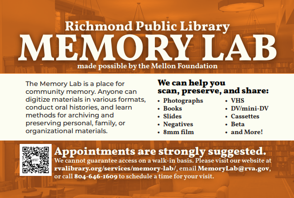 Memory Lab postcard. Mentions material that can be digitized with phone number (804-646-1609), email (memorylab@rva.gov), website link, and QR code to make an appointment.