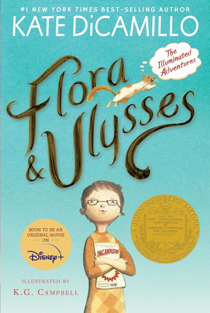 Cover of "Flora & Ulysses" by Kate DiCamillo. The cover shows a girl standing while a squirrel flies overhead.