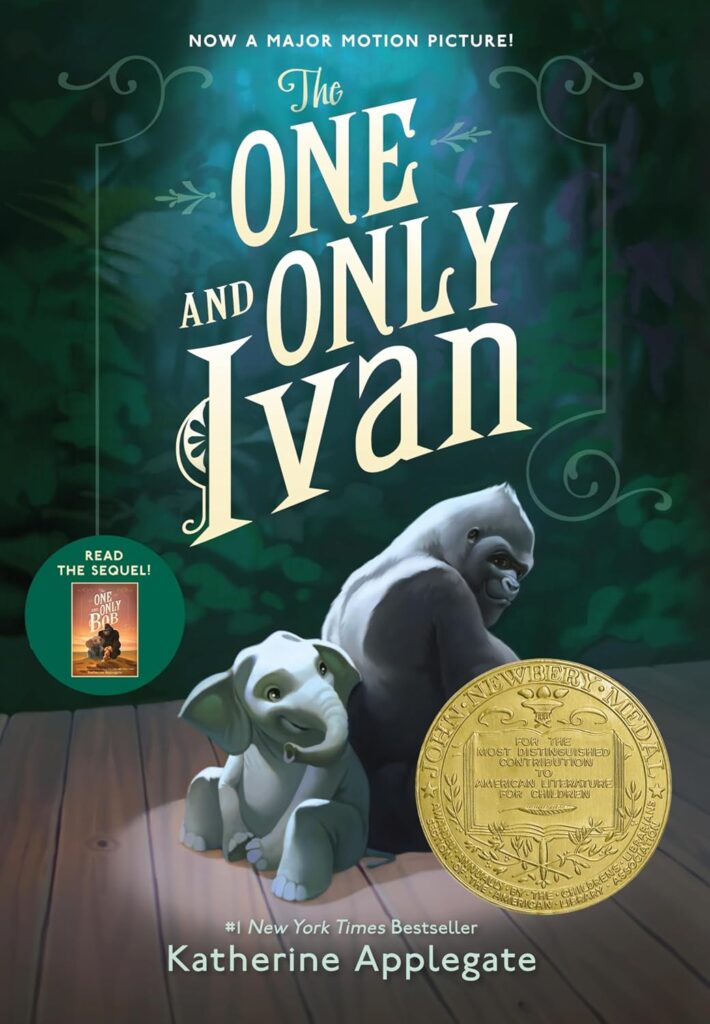Cover of "The One and Only Ivan" by Katherine Applegate. Cover shows a gorilla and a baby elephant.