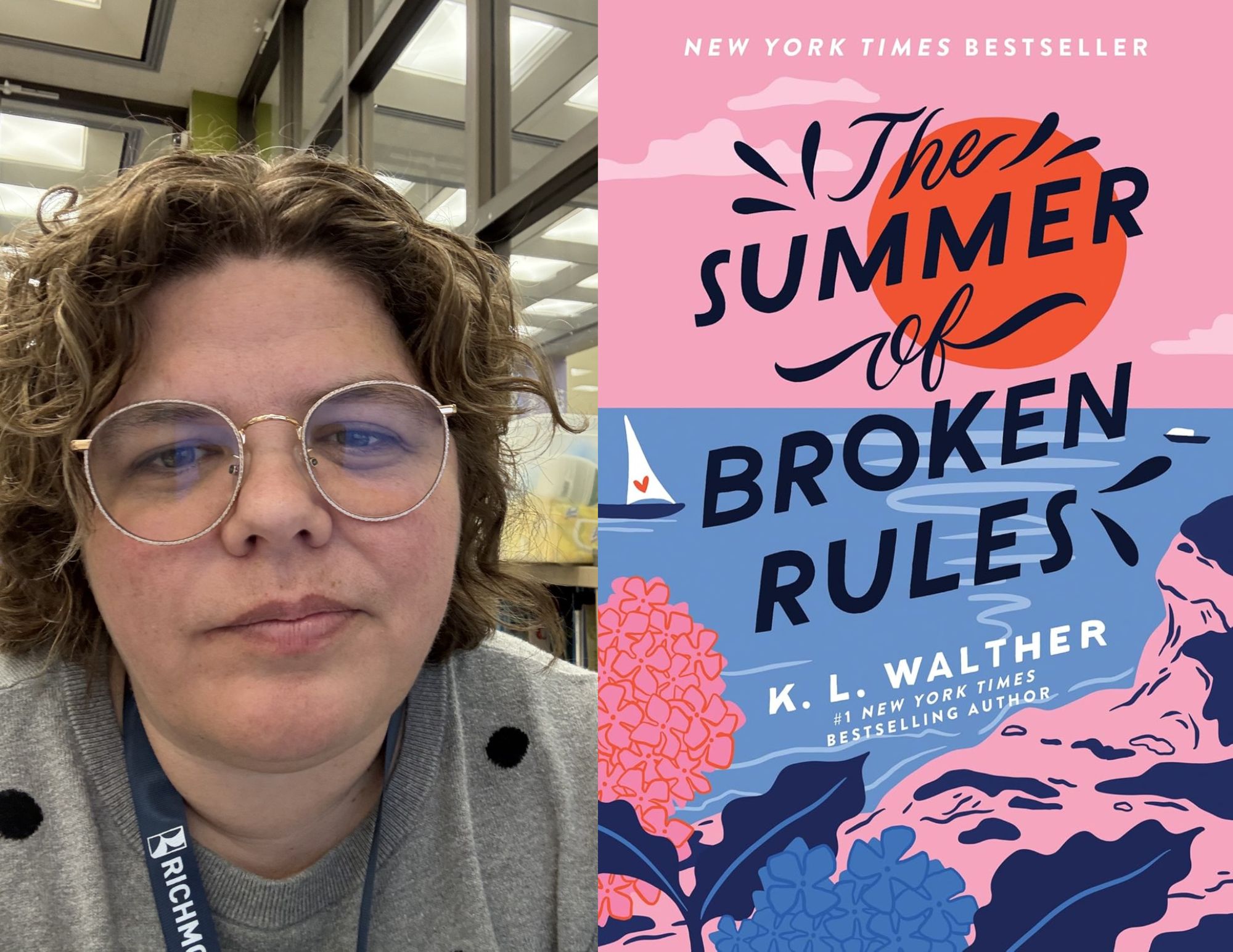 Photo of Adriane Marshall, a Youth Services Librarian at the Hull Street Branch, beside the cover of The Summer of Broken Rules by K.L. Walther.