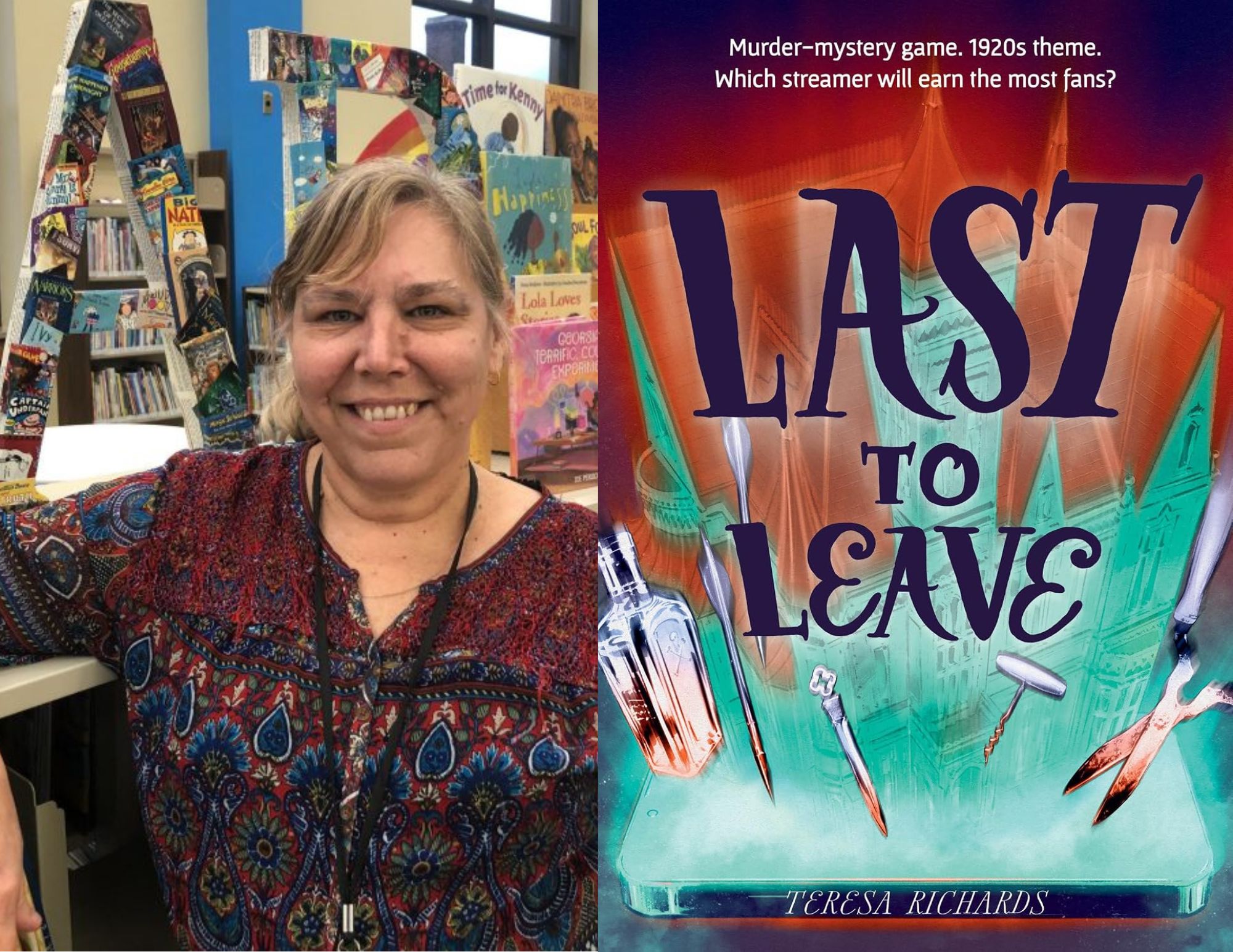 Photo of Beth Morris, the Library/Community Services Manager at the Main Library, beside the cover of Last to Leave by Teresa Richards.