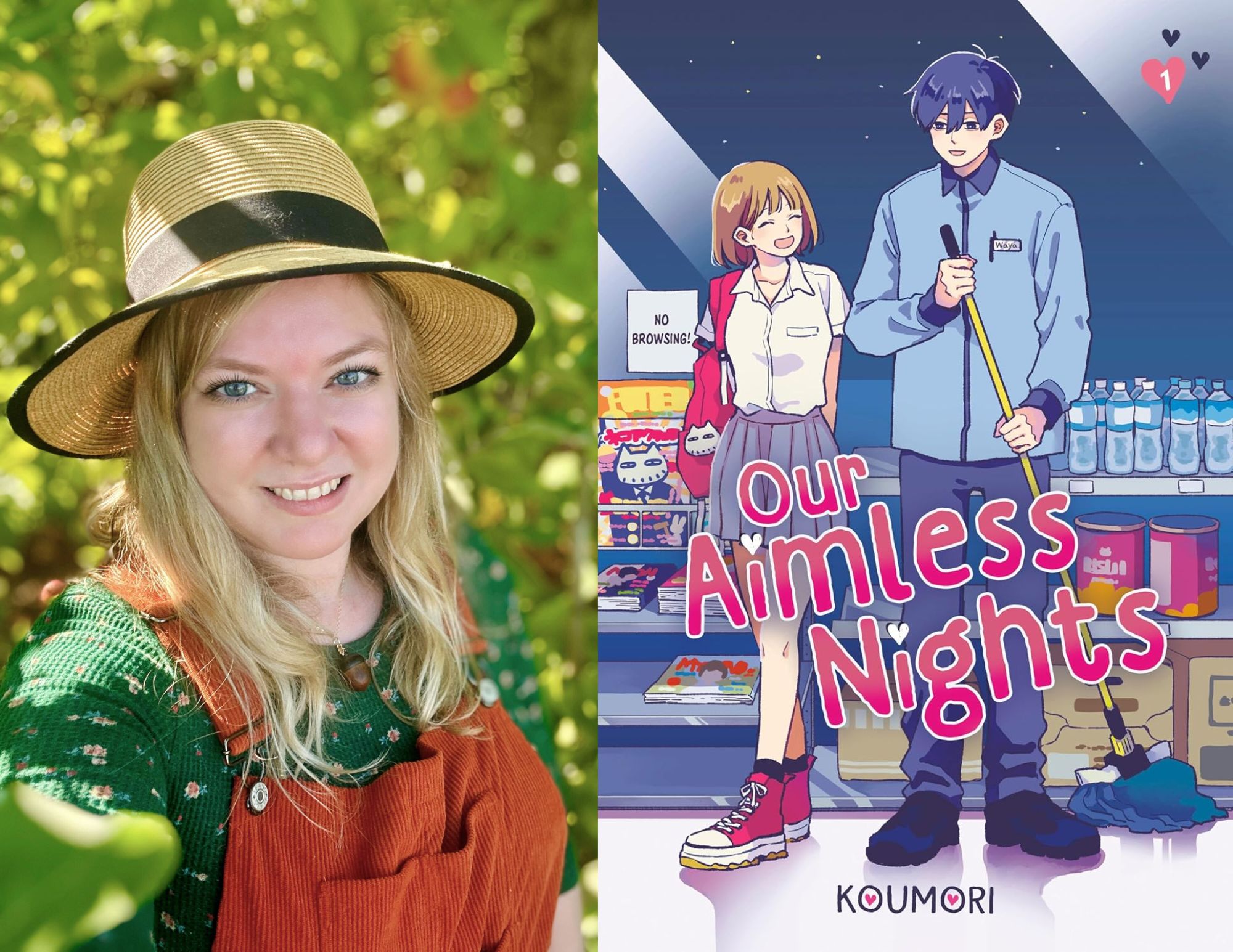Photo of Genevievre Wood, the Young Adult Coordinator at Richmond Public Library, beside the cover of Our Aimless Nights by Waya.