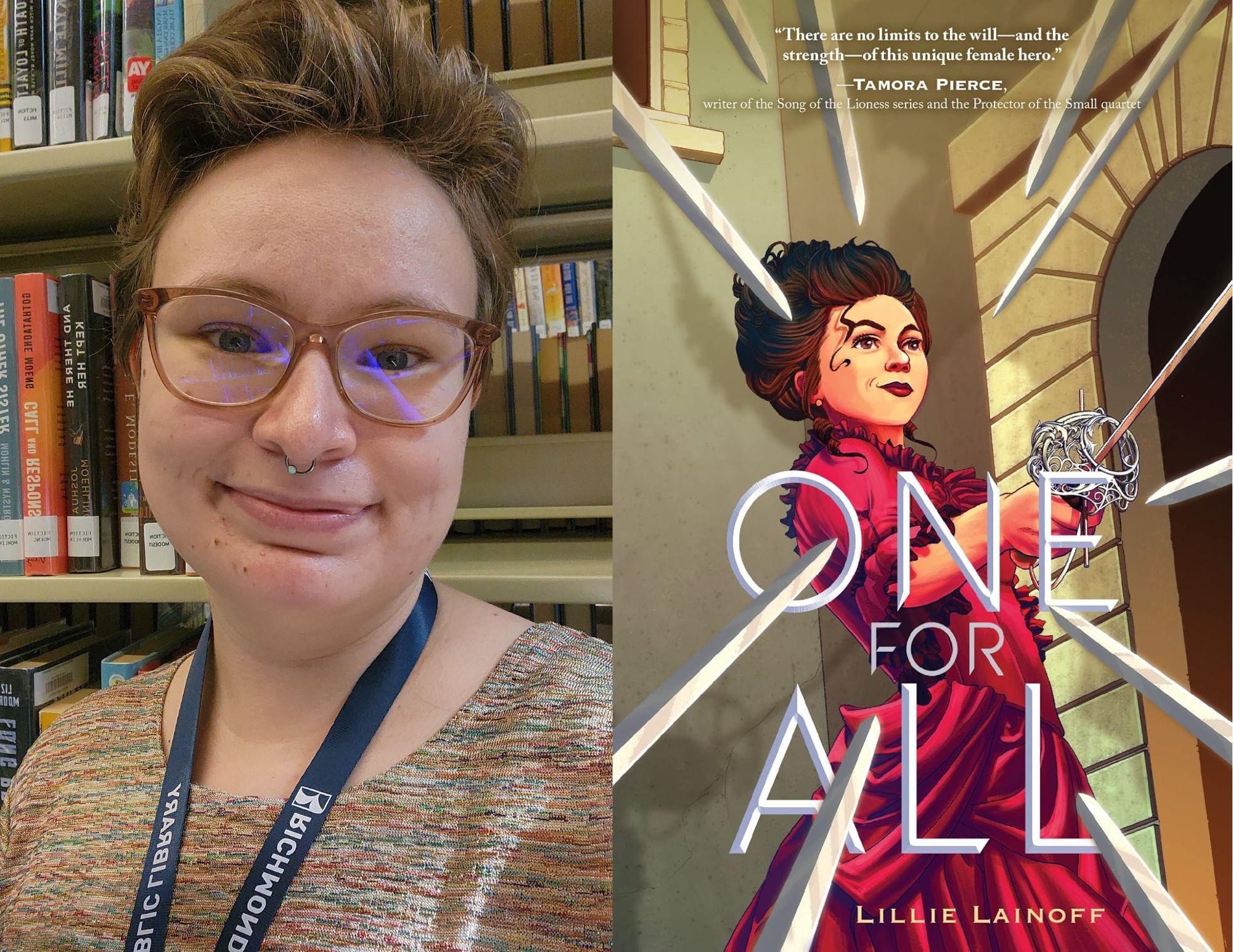 Photo of Kayleigh McCoy, a Young Adult Associate at the Ginter Park Avenue branch, beside the cover of One For All by Lillie Lainoff.