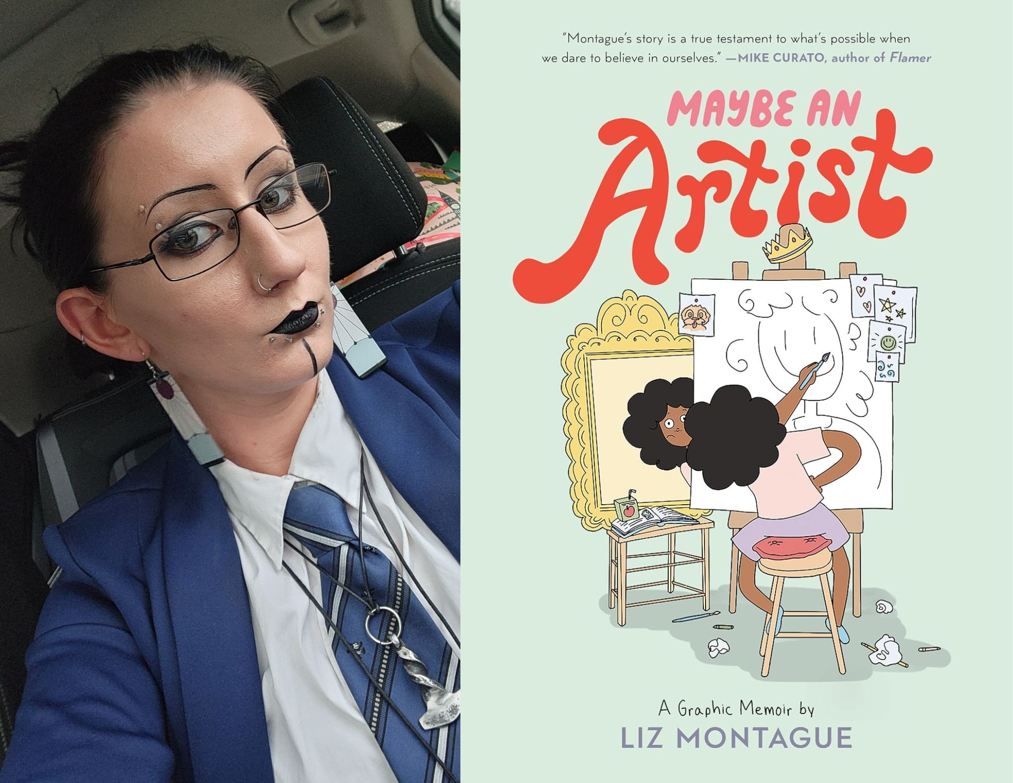 Photo of Kelli Young-Kravitz, a Young Adult Associate at the North Avenue branch, beside the cover of Maybe An Artist by Liz Montague.
