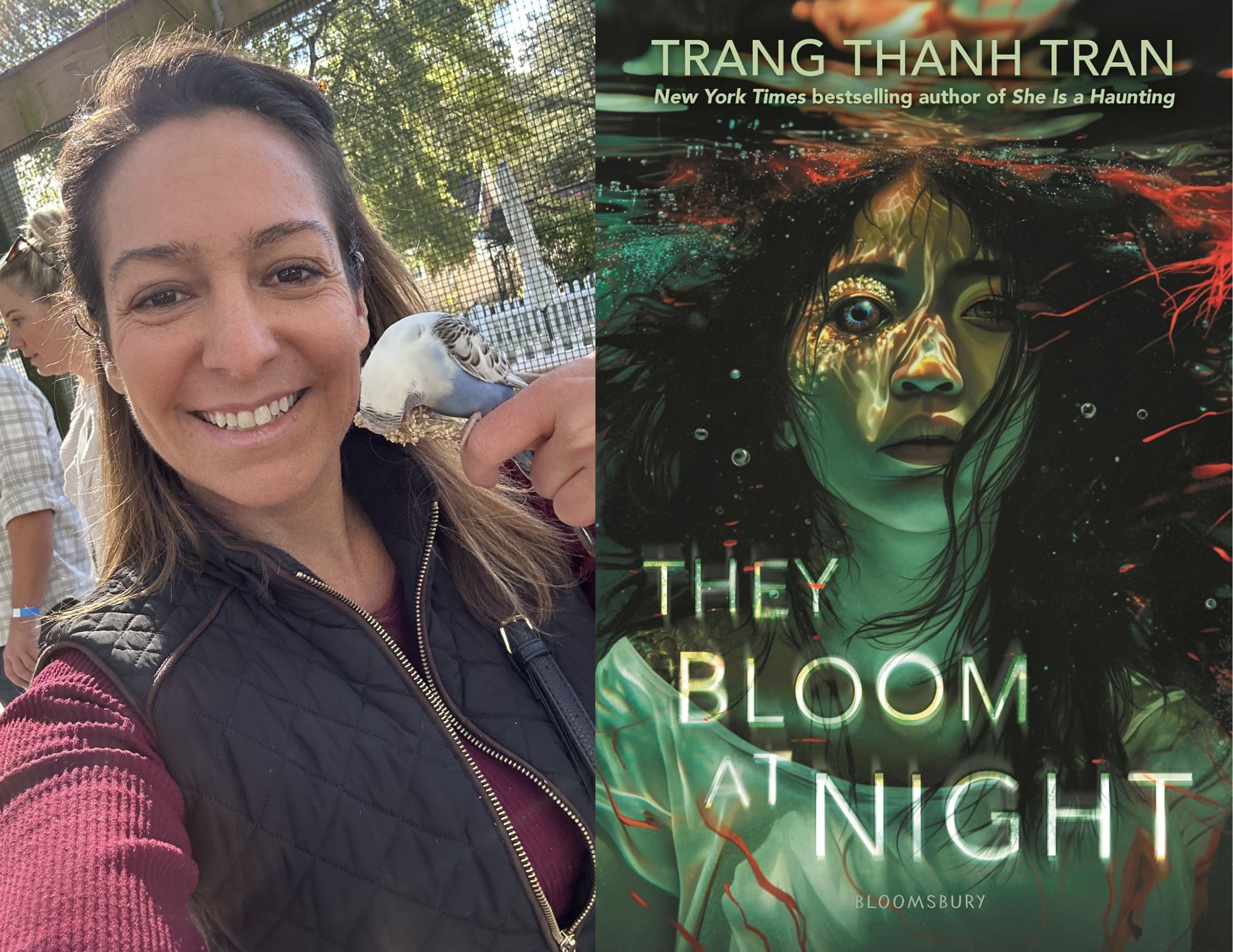 Photo of Lauren Clementi, a Youth Services Associate at the Main branch, beside the cover of They Bloom At Night by Trang Thanh Tran.