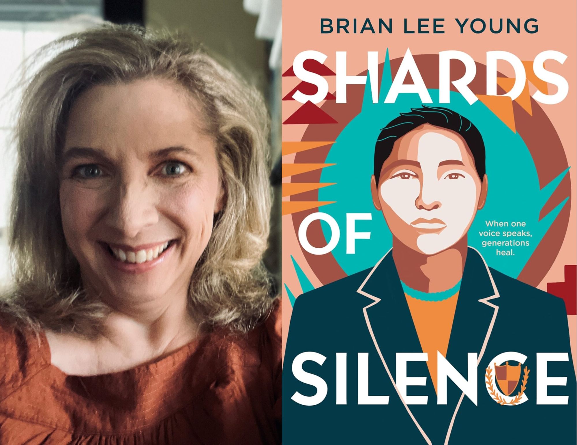Photo of Lisa Wiertel, a Youth Services Librarian at the Westover Hills Branch, beside the cover of Shards of Silence by Brian Lee Young.