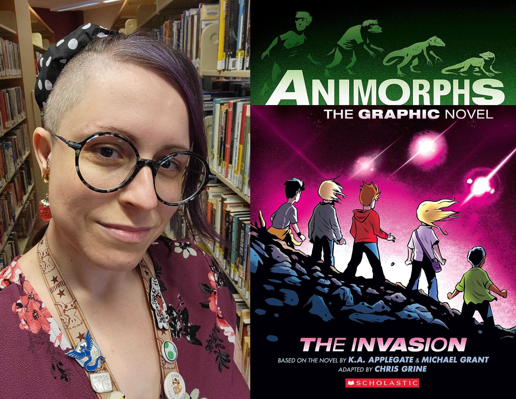 Photo of Nicole Byers, a Young Adult Associate at the East End branch, beside the cover of
The Invasion: A Graphic Novel (Animorphs #1) by K.A. Applegate and Michael Grant, adapted by Chris Grine.