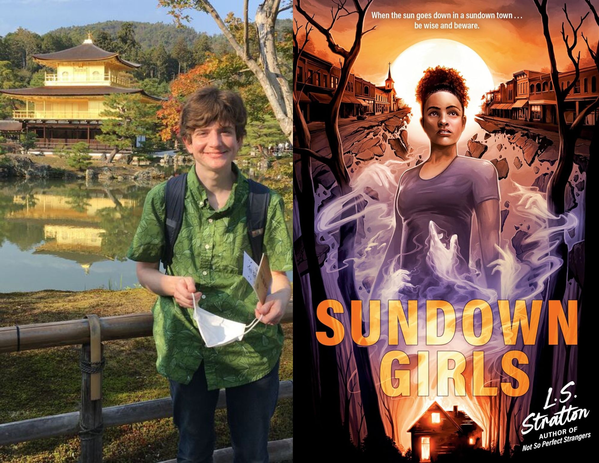 Photo of Rachel Condon, a Youth Services Librarian at the Ginter Park branch, beside the cover of Sundown Girls by L.S. Stratton.