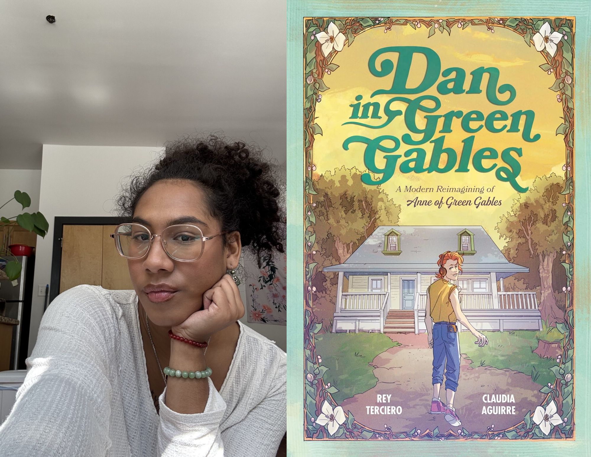 Photo of Shawn Williams, a Youth Services Associate at the Main branch, beside the cover of Dan in Green Gables by Rey Terciero and illustrated by Claudia Aguirre.