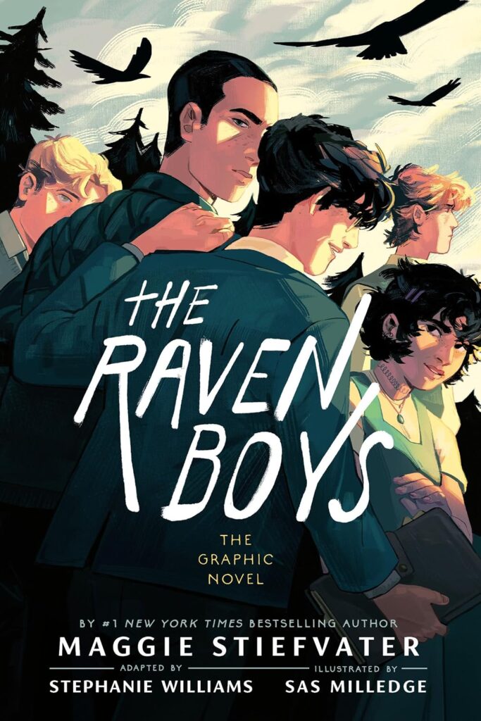 Cover of The Raven Boys by Maggie Stiefvater, adapted by Stephanie Williams, and illustrated by Sas Milledge.