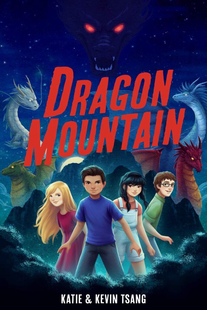 Cover for 'Dragon Mountain' by Katie & Kevin Tsang. Cover shows a group of kids standing with dragons and glowing red eyes. 