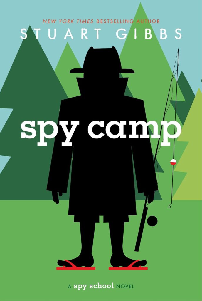 Cover for 'Spy Camp' by Stuart Gibbs. Cover shows a person blacked out holding a fishing pole and wearing flip flops. 