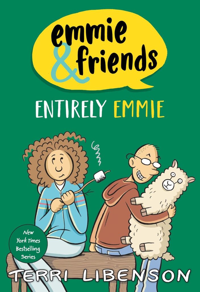 Cover of 'Emmie & Friends: Entirely Emmie' by Terrie Libenson. Cover shows two kids sitting on a bench with a smore and a sheep. 