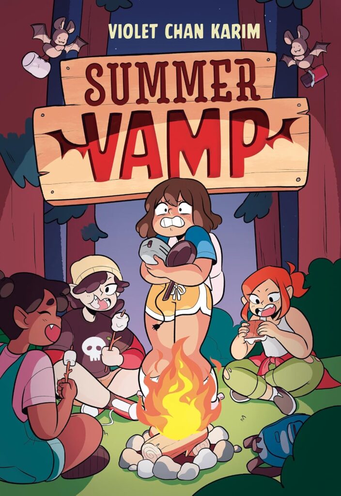 Cover of 'Summer Vamp' by Violet Chan Karim. Cover shows four girls around a campfire making smores. 