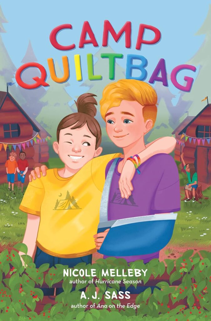 Cover of 'Camp Quiltbag' by Nicole Melleby. Cover shows two kids standing in front of a camp.
