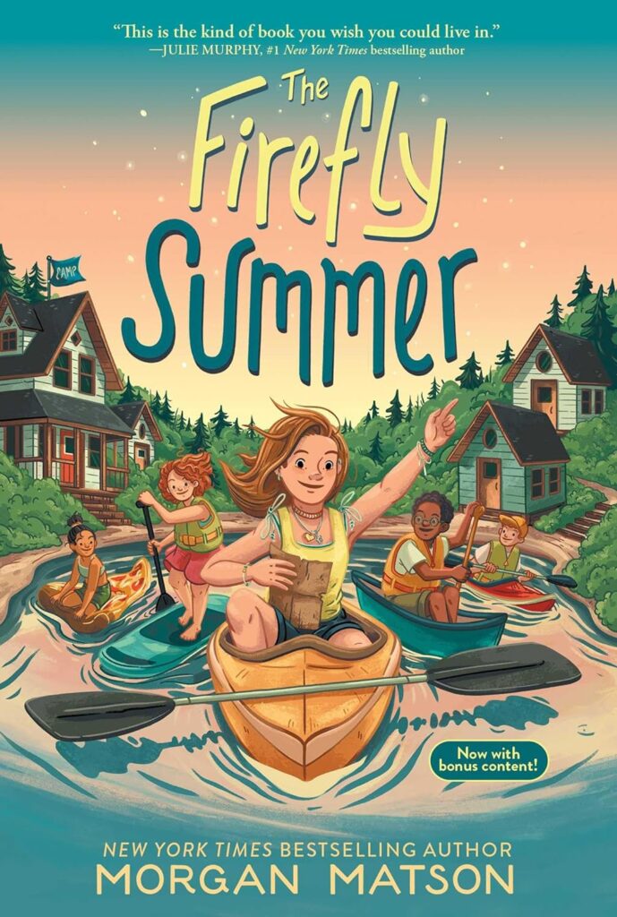 Cover for 'The Firefly Summer' by Morgan Matson. Cover shows a group of kids on the water in canoes.