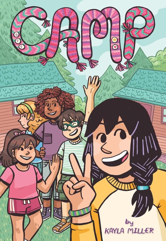 Cover of 'CAMP' by Kayla Miller. Cover shows five friends posing for a picture in front of cabins. 