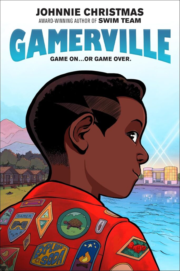 Cover of 'Gamerville' by Jonnie Christmas. Cover shows a boy with a shirt with patches on it  standing in front of a lake. 