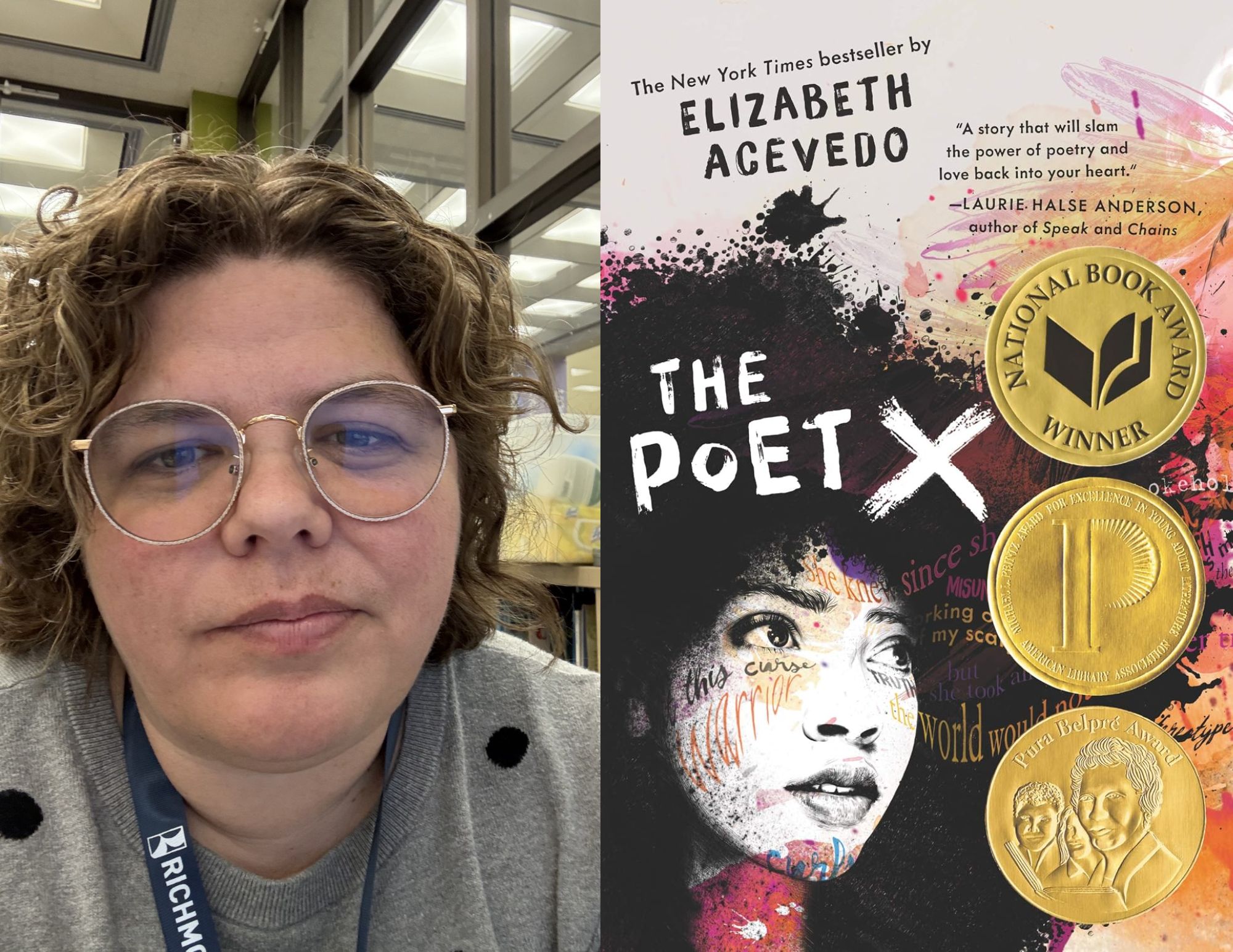 Photo of Adriane Marshall, a Youth Services Librarian at the Hull Street Branch, beside the cover of The Poet X by Elizabeth Acevedo.