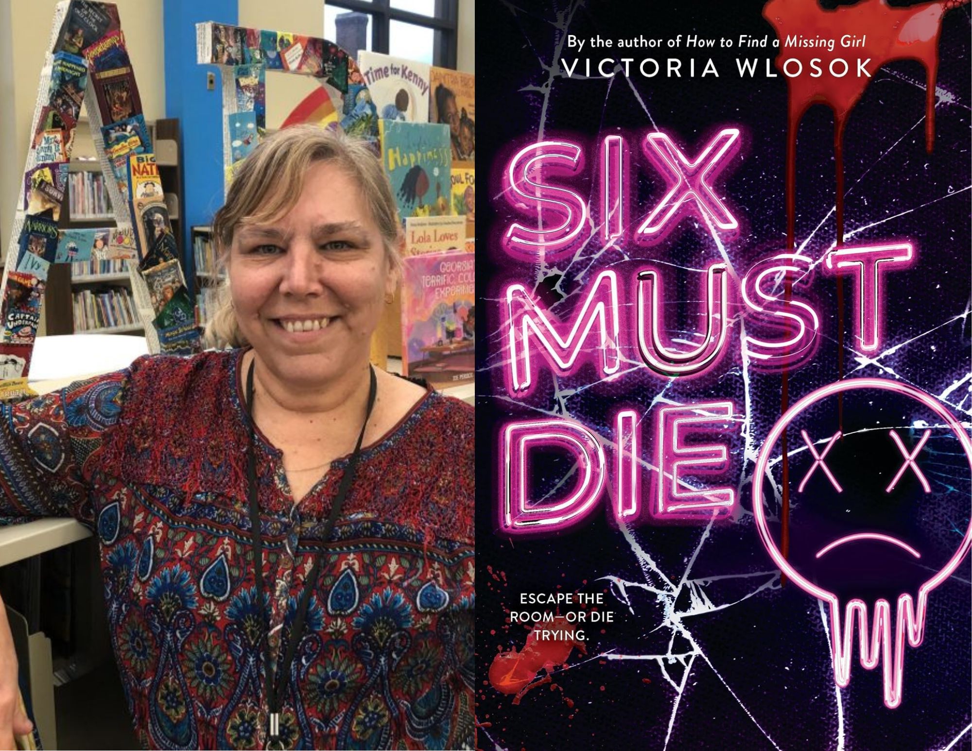 Photo of Beth Morris, the Library/Community Services Manager at the Main Library, beside the cover of Six Must Die by Victoria Wlosok.