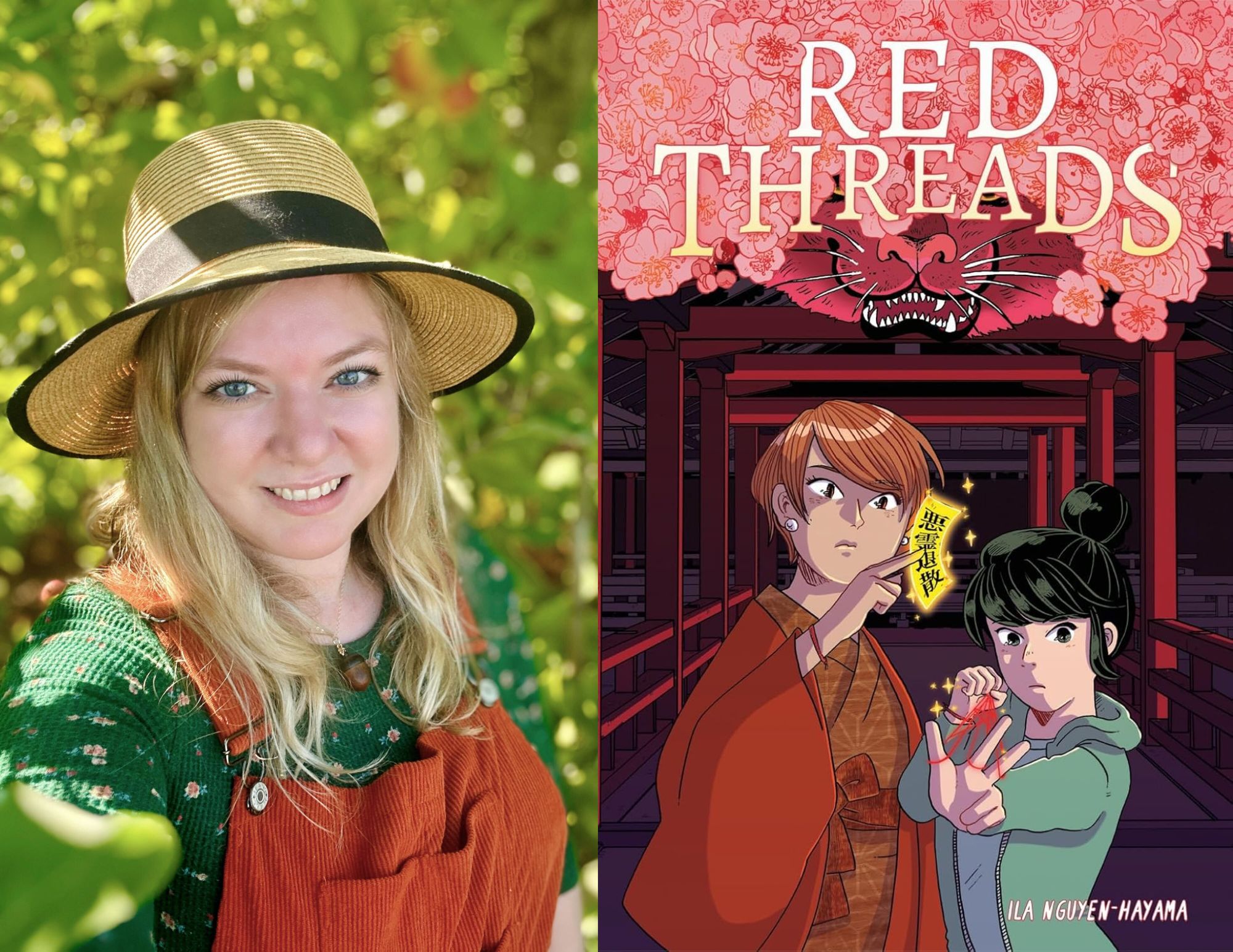Photo of Genevievre Wood, the Young Adult Coordinator at Richmond Public Library, beside the cover of Red Threads by Ila Nguyen-Hayama.