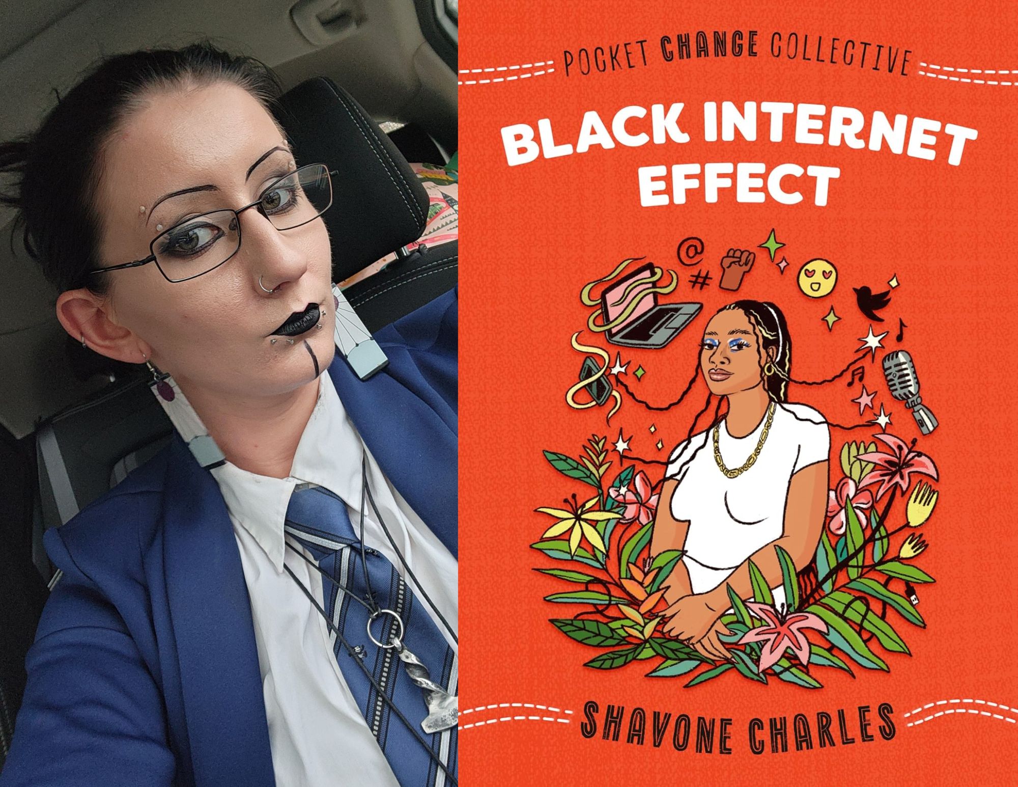 Photo of Kelli Young-Kravitz, a Young Adult Associate at the North Avenue branch, beside the cover of Black Internet Effect by Shavone Charles.
