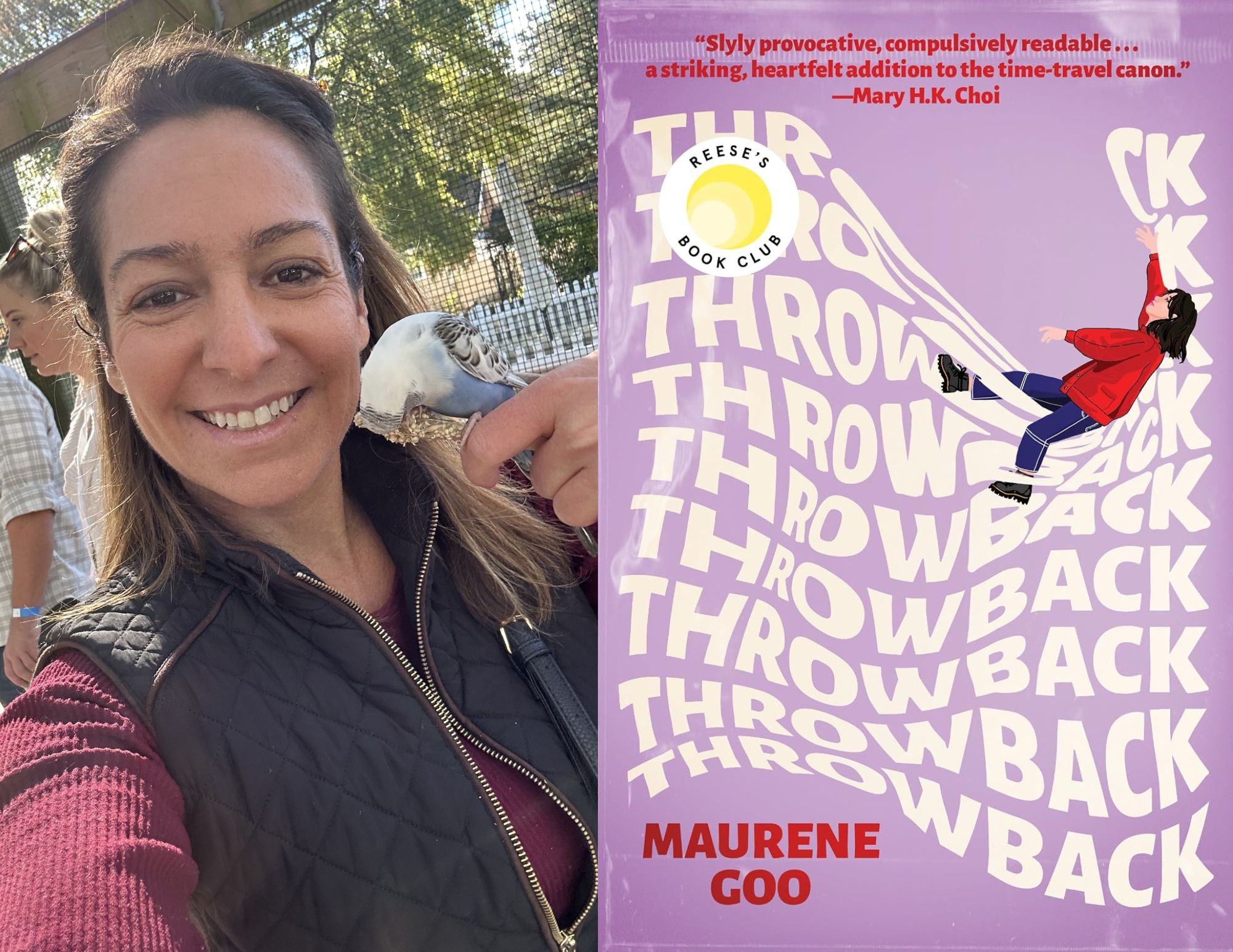 Photo of Lauren Clementi, a Youth Services Associate at the Main branch, beside the cover of Throwback by Maurene Goo.