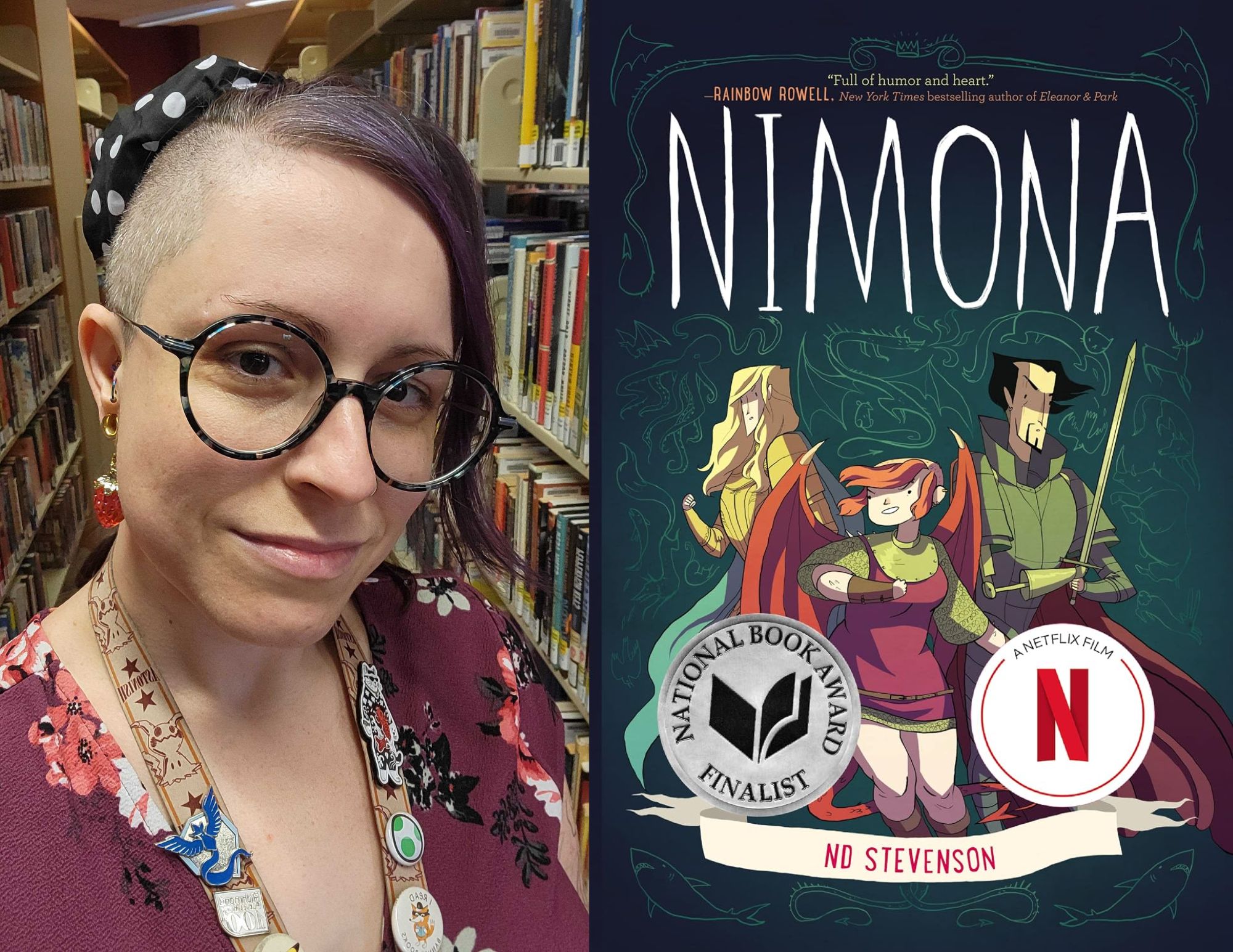Photo of Nicole Byers, a Young Adult Associate at the East End branch, beside the cover of Nimona by ND Stevenson.