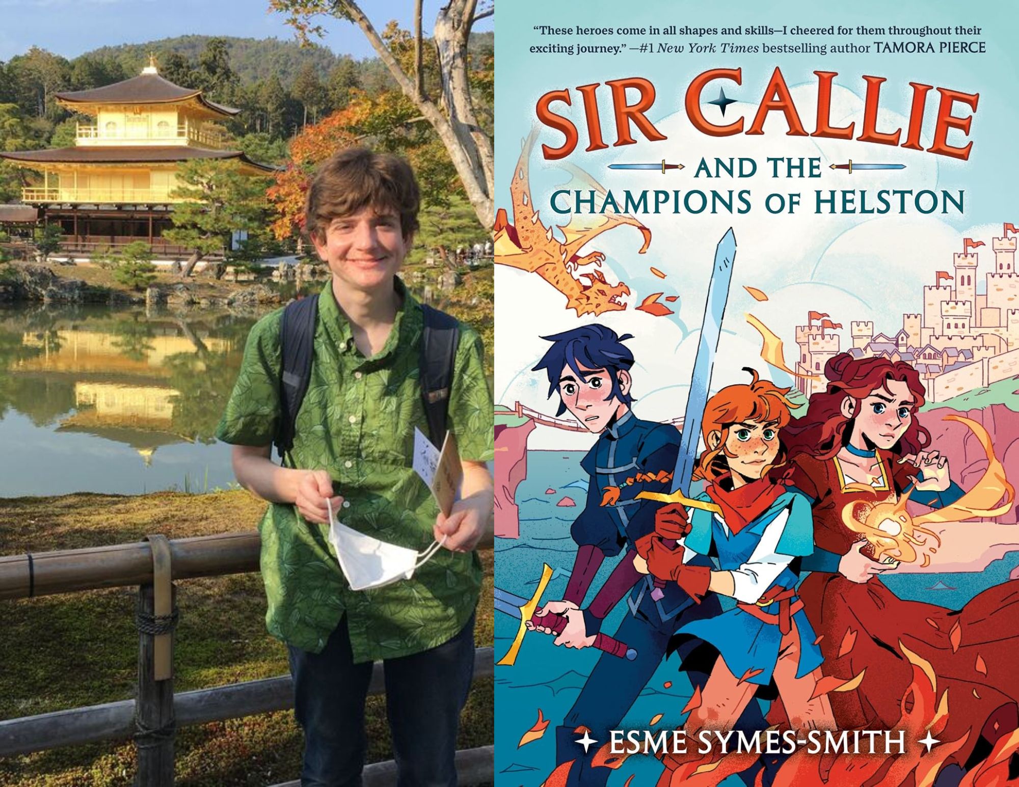 Photo of Rachel Condon, a Youth Services Librarian at the Ginter Park branch, beside the cover of Sir Callie and the Champions of Helston by Esme Symes-Smith.