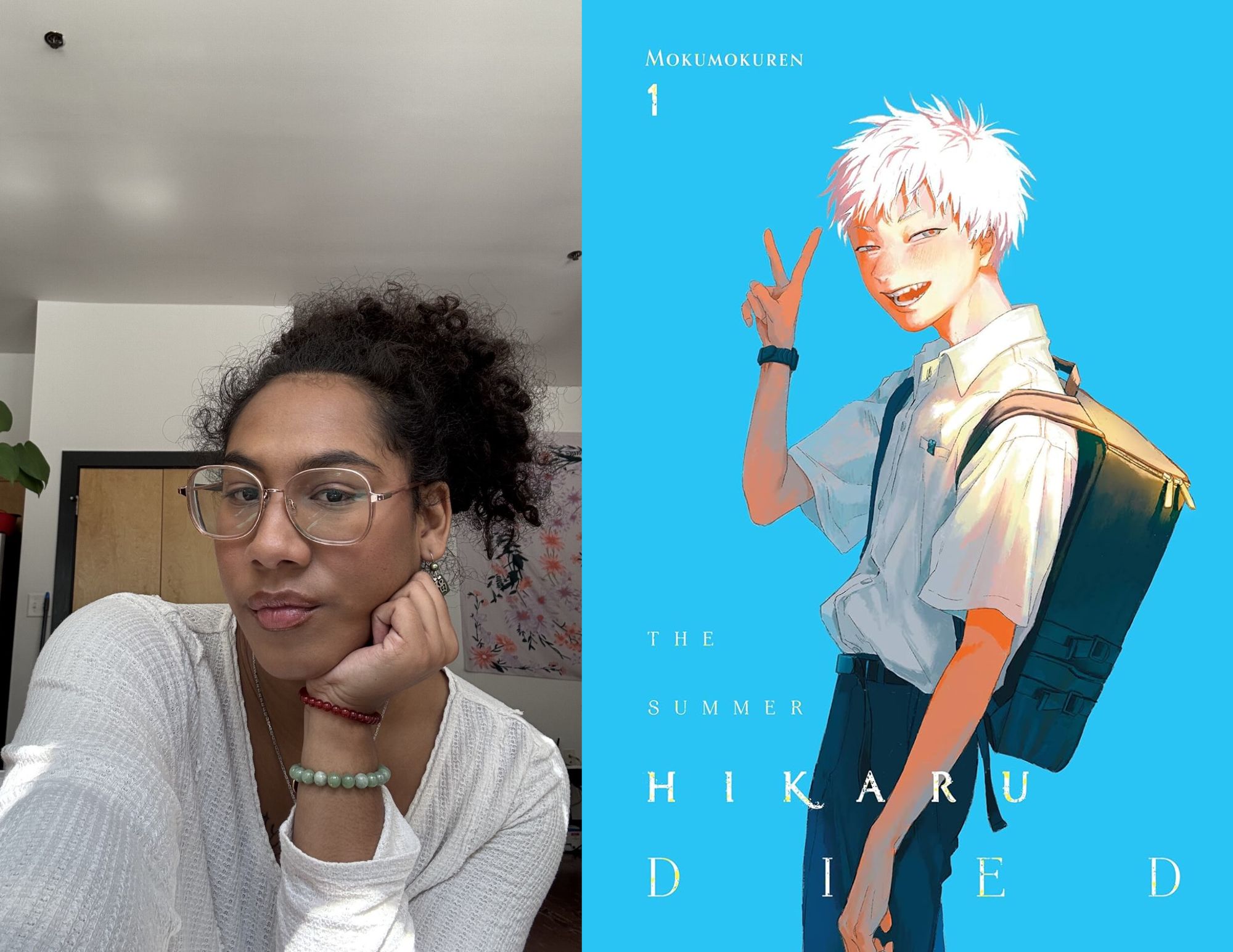 Photo of Shawn Williams, a Youth Services Associate at the Main branch, beside the cover of The Summer Hikaru Died by Mokumokuren.