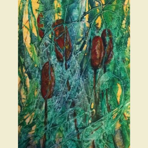 Painting of cattail plants.