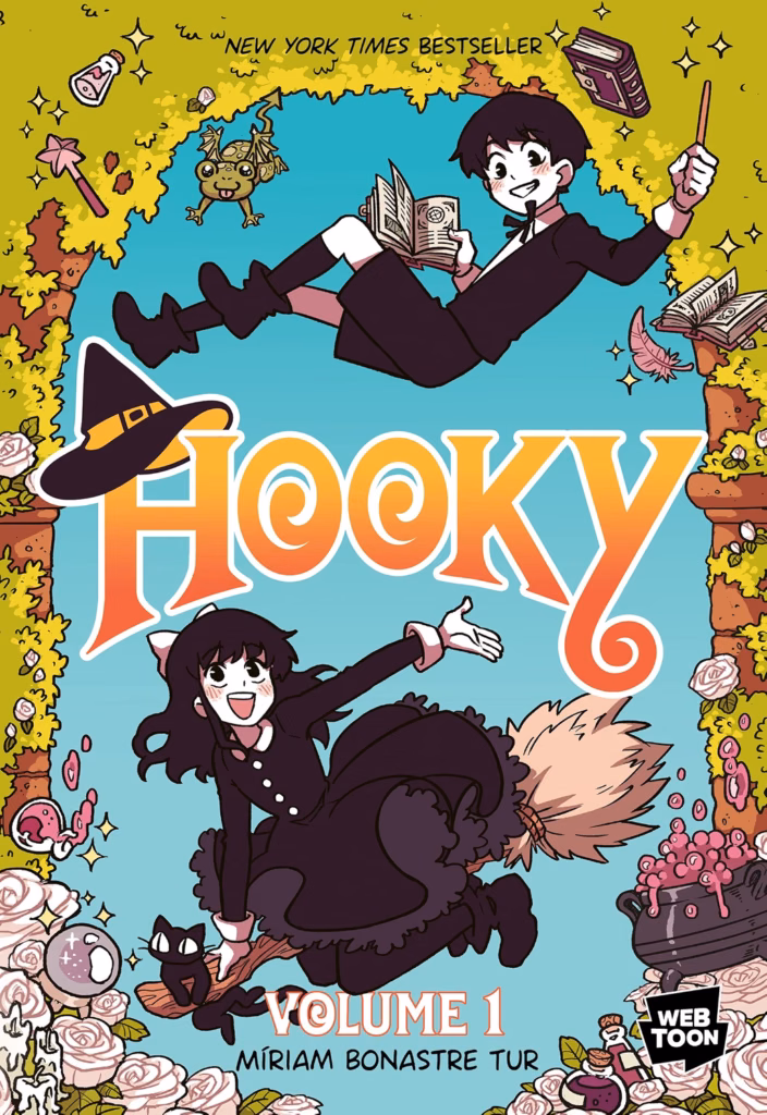 Cover of 'Hooky: Volume I' by Miriam Bonastre Tur. Cover shows a girl riding a broom with a cat on the broom while a boy is floating in the air holding a magic wand.