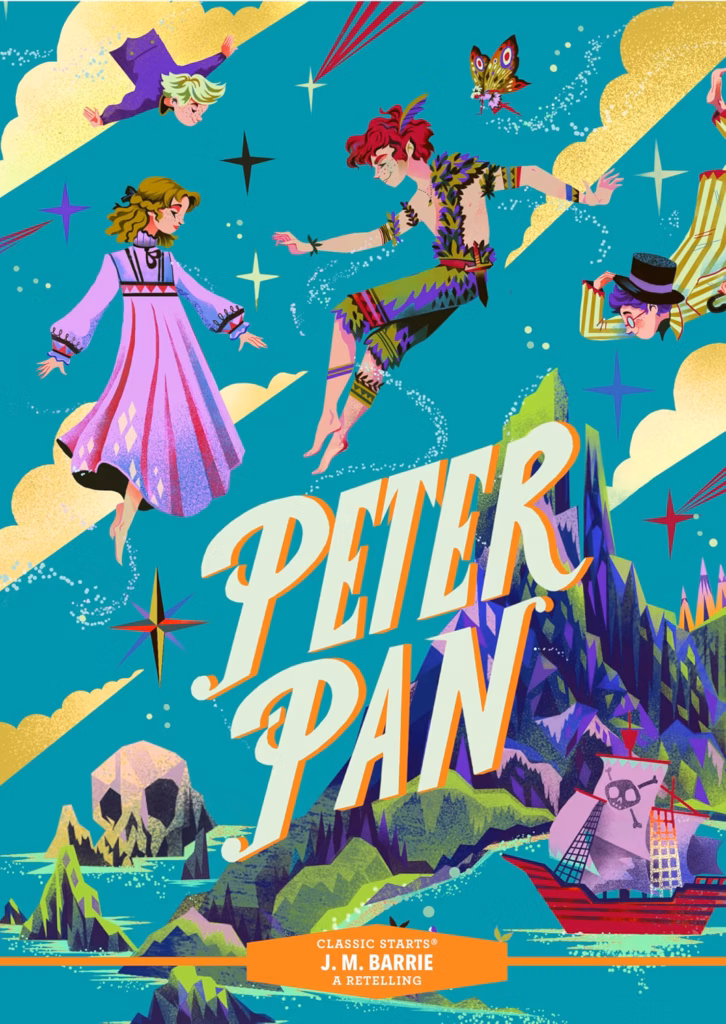 Cover of "Peter Pan" by J.M. Barrie. The cover shows a girl and three boys flying along with a fairy, with an island in the background with a pirate ship.