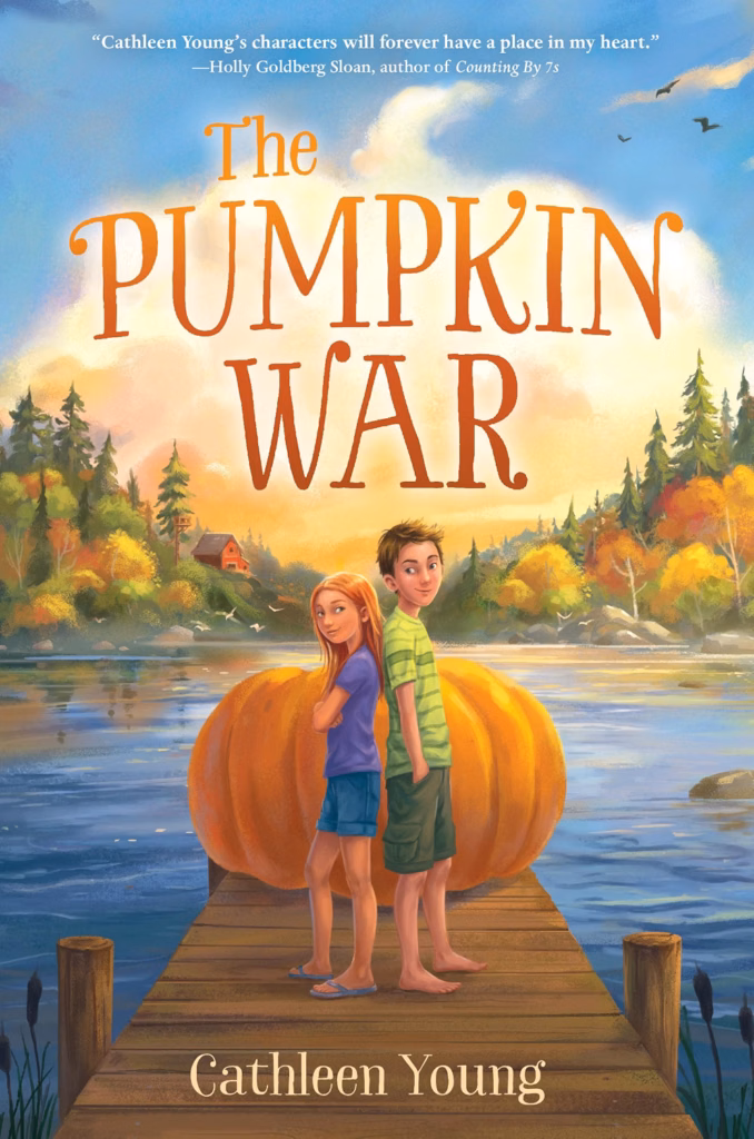 Cover of 'The Pumpkin War' by Cathleen Young. Cover shows a girl and a boy standing on a dock with a large pumpkin behind them.
