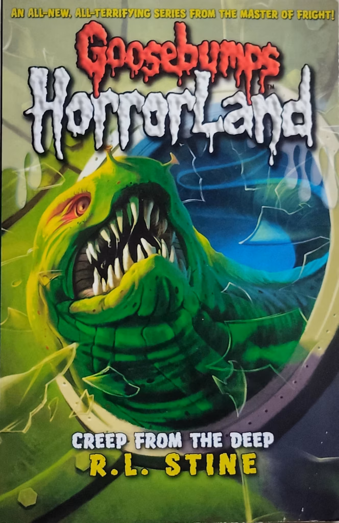 Cover of "Goosebumps Horrorland: Creep from the Deep" by R.L. Stine. The cover shows a eel coming out of a window.