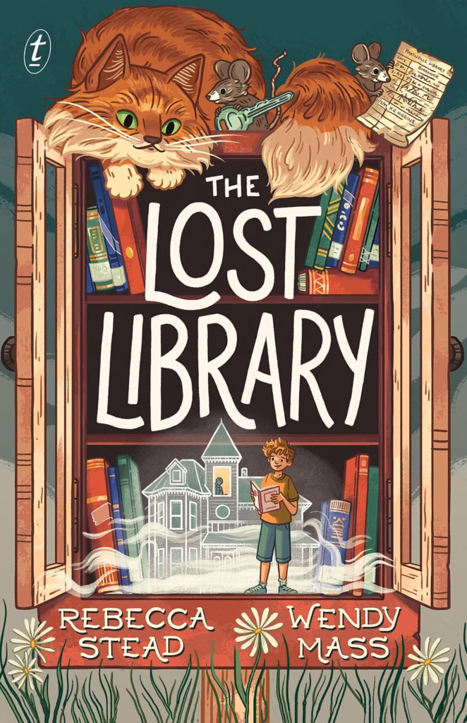 Cover of 'The Lost Library' by Rebecca Stead. Cover shows a cat and mice on a bookshelf with a boy reading a book at the bottom.