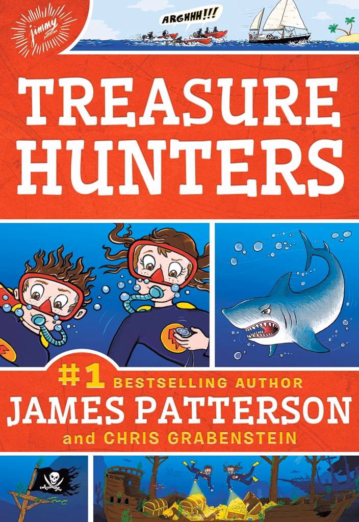 Cover of "Treasure Hunters" by James Patterson. The cover shows two children in scuba gear diving on a ship under water.