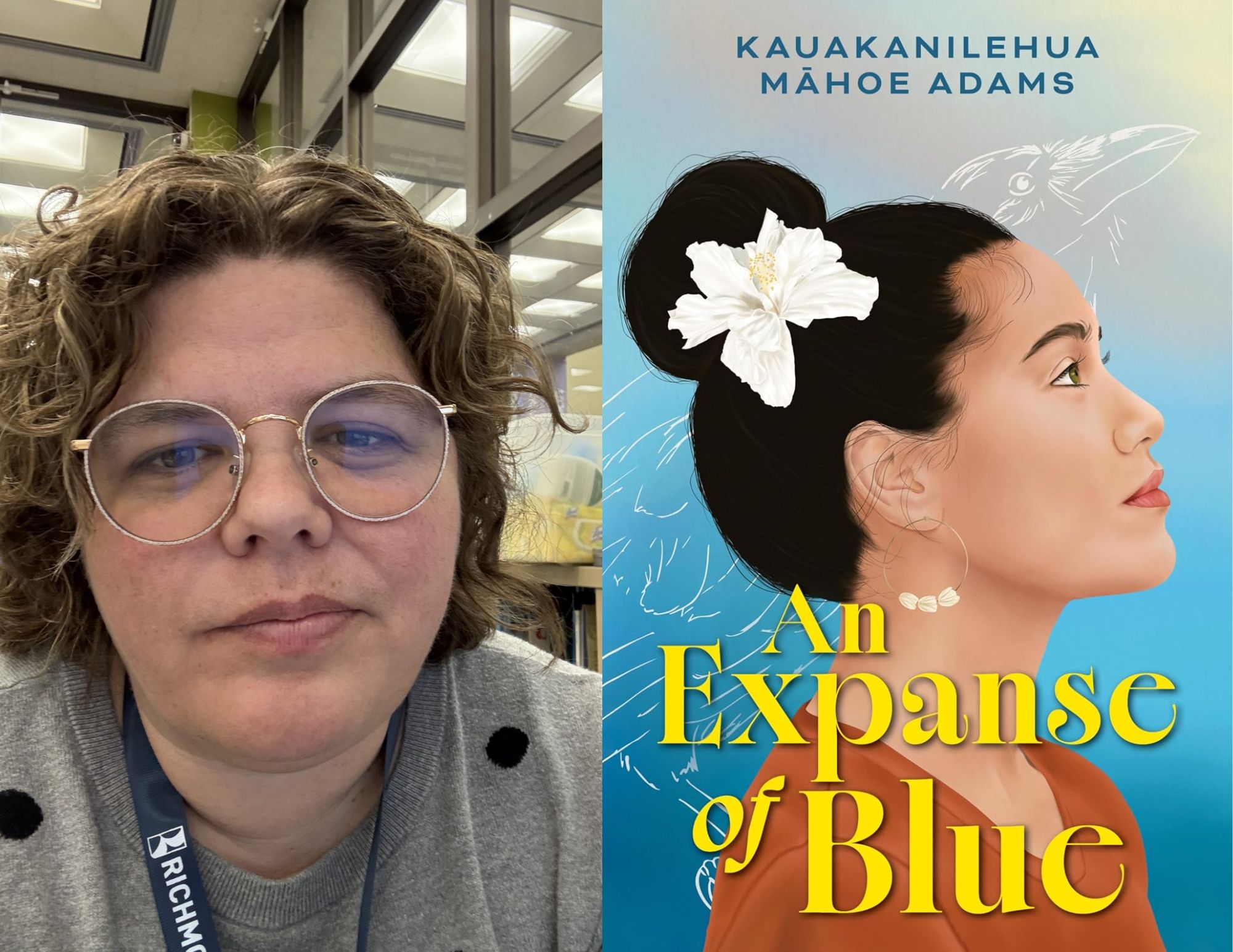 Photo of Adriane Marshall, a Youth Services Librarian at the Hull Street Branch, beside the cover of An Expanse of Blue by Kauakanilehua Māhoe Adams.