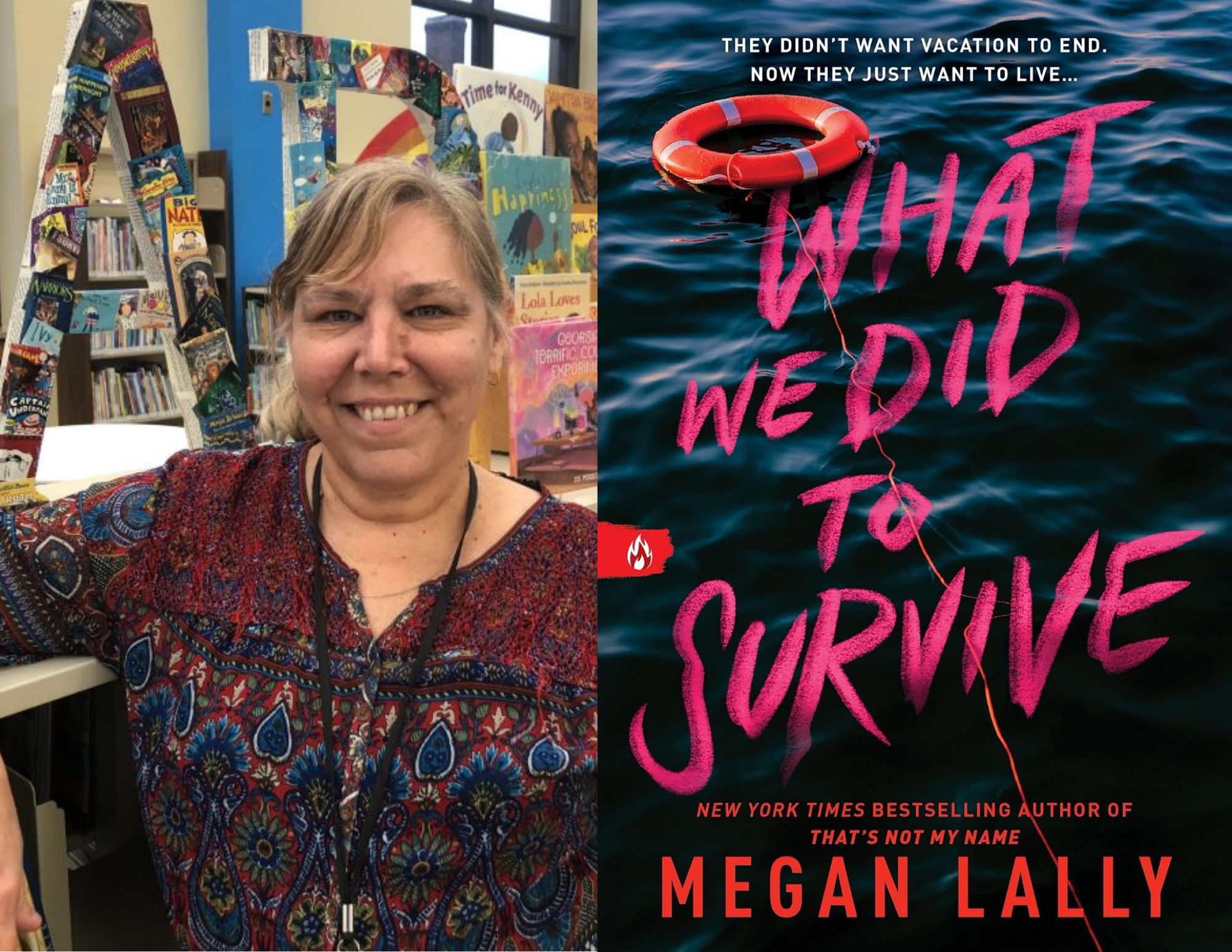 Photo of Beth Morris, the Library/Community Services Manager at the Main Library, beside the cover of What We Did to Survive by Megan Lally.